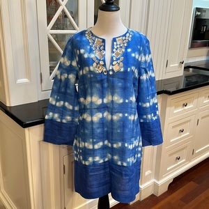 A.V. Size M~Ocean Blue100% Linen Tie Dye Jeweled Dress ~Tunic Shirt Cover Up Top